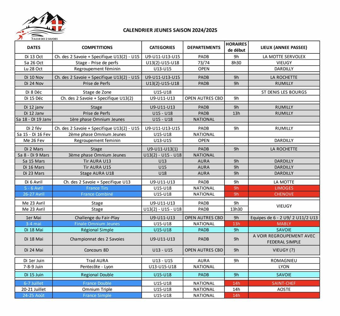 Calendrier des jeunes PADB 2 Savoies