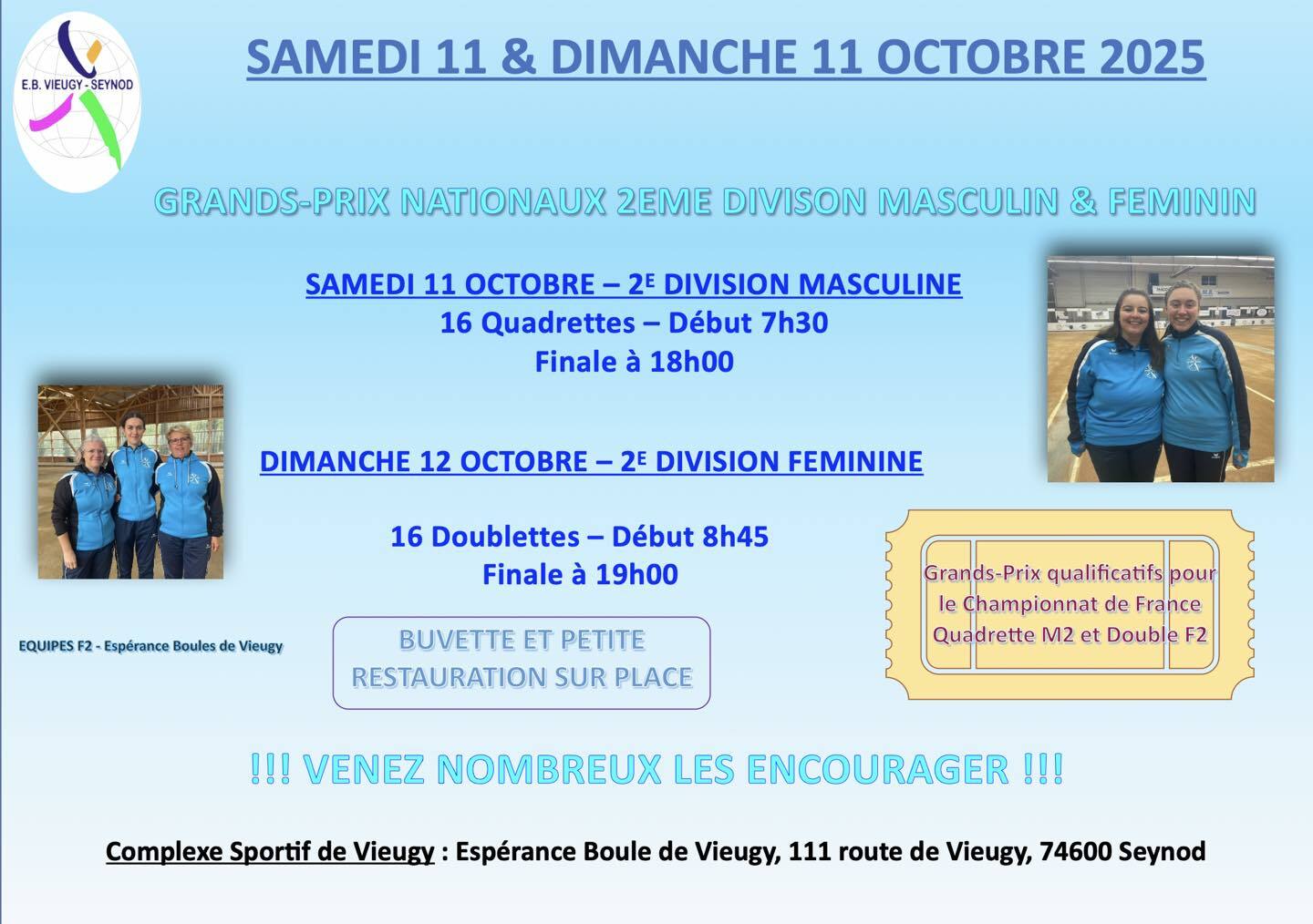 Grand Prix M2 et F2 le week-end du 11 et 12 Octobre 2025